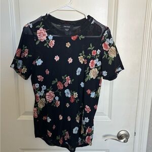 Karen Kane Black Floral Mesh Yoke Short Sleeve Top